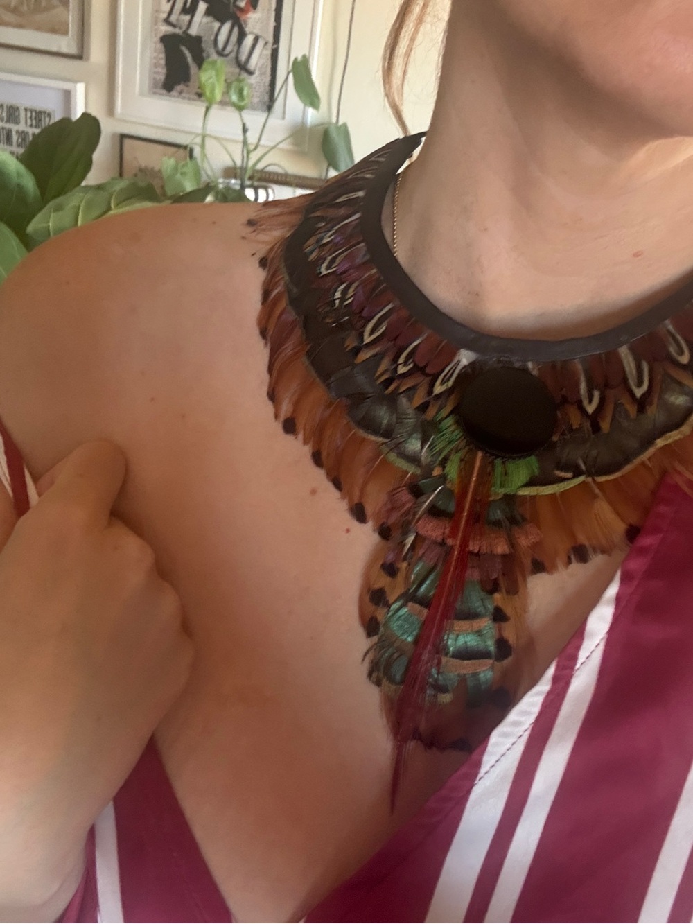 New pheasant bob collar one of a kind Boho onyx and Feather Statement Necklace